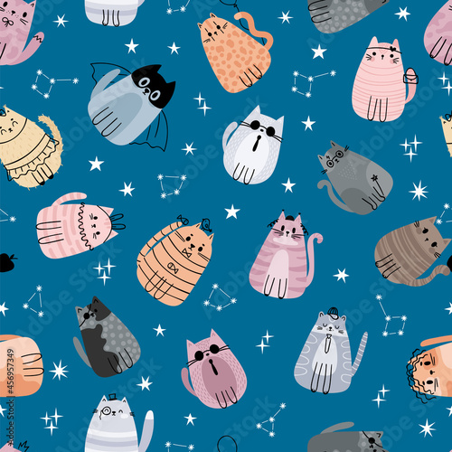 Cute seamless pattern with stylized cartoon cats. Space. Adorable doodle characters. Design for cloth, textile, paper