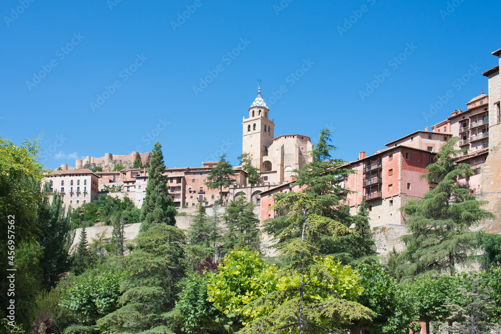 Beautiful view of Albarracin from below. Picturesque architecture, cathedral and houses..Teruel, Aragon, Spain, Europe