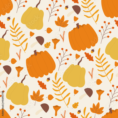 Autumn leaf pumpkin mushroom berry in seamless pattern vector illustration. Cartoon cute harvest of fall season decorative texture, forest or garden nature leaves, acorn and vegetables background