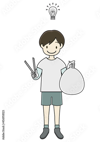 ゴミ拾いのボランティアをする男の子（ゴミ削減のアイディア等のひらめきをイメージ）