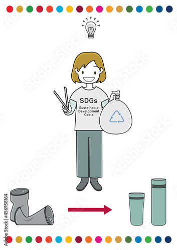 SDGsのシャツを着てゴミ拾いのボランティアをする女の子（ゴミ削減のアイディア等のひらめきをイメージ）