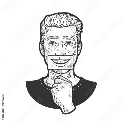 Sad man with simulated smile sketch engraving vector illustration. T-shirt apparel print design. Scratch board imitation. Black and white hand drawn image.