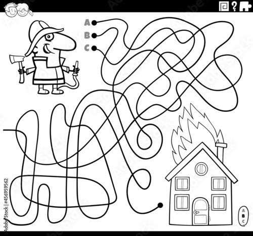 maze with cartoon firefighter and fire coloring book page