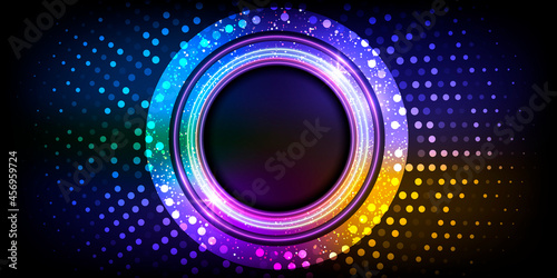 Neon circle with particles.Electric round frame.Disco banner with sparkles.Vector illustration.