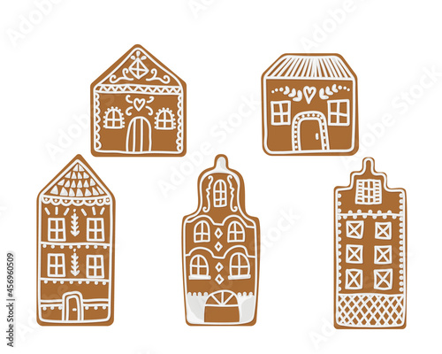Vector illustration of a set of gingerbread houses of different shapes, styles and sizes