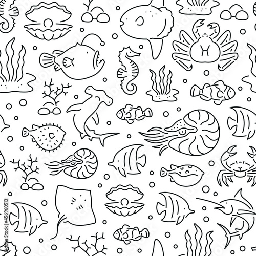 Seamless pattern with marine life. Black and white thin line icons