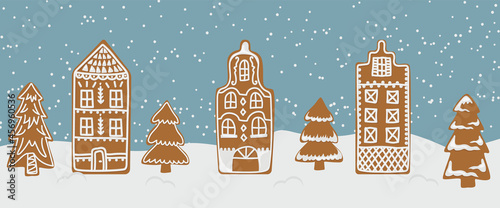 Vector illustration of gingerbread village houses and Christmas trees.Christmas background