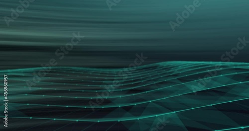 Futuristic green background over 3D tech waves, abstract technology - motion of dots and lines network connection structure 