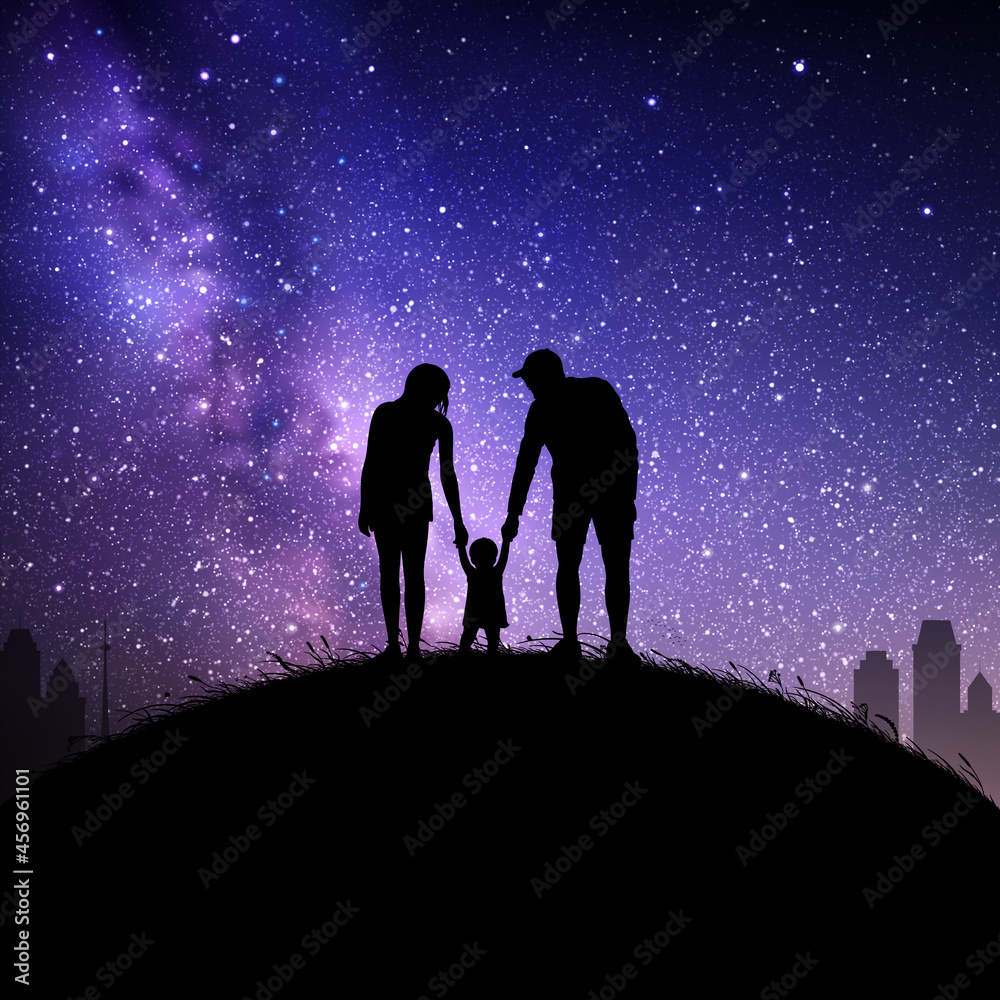Family walk at night. Father, mother and child. Starry sky, Milky Way