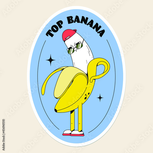 Cute vector fruits sticker pack. A cool banana with funny face and sunglasses. Flat line art illustration. Colourful original trendy character. Childish set of drawings. Top banana idiom