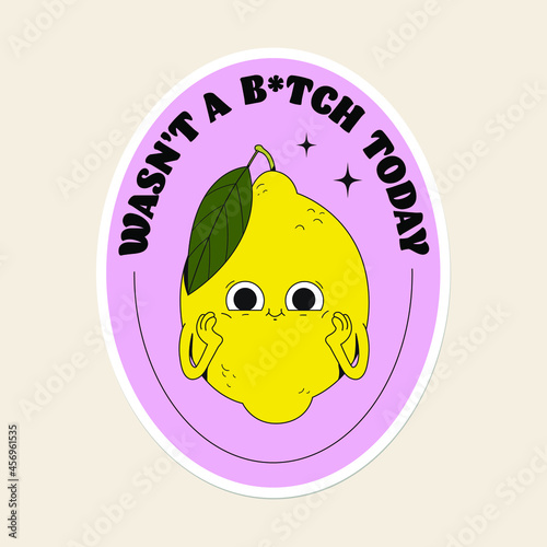 Cute vector fruits sticker pack. A cool happy lemon with funny face. Flat line art illustration. Colourful original trendy character. Childish set of drawings. Quote design.