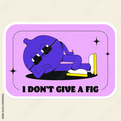 Cute vector fruits sticker pack. A cool fig with funny face and sunglasses laying. Flat line art illustration. Colourful original trendy character. Childish set of drawings. I don't give a fig idiom.