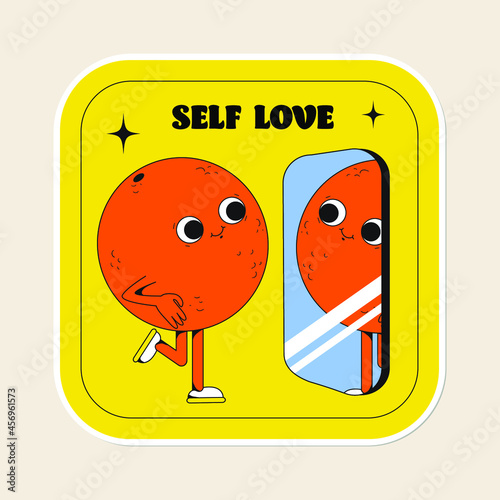 Cute vector fruits sticker pack. A cool orange with funny face looking in the mirror. Flat line art illustration. Colourful original trendy character. Childish set of drawings. Self love.