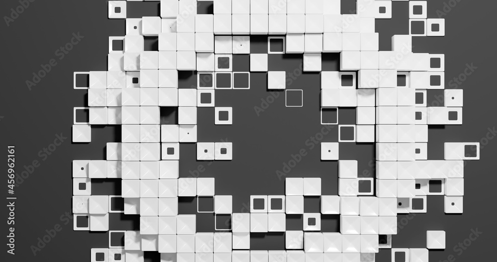 3D rendering. White cubes at different heights on a gray background. 3D rendering. White cubes at different heights on a gray background.