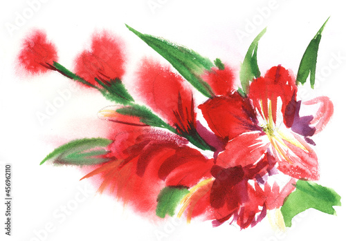 Obraz na plátně Bright red abstract gladiolus flowers on a green stem