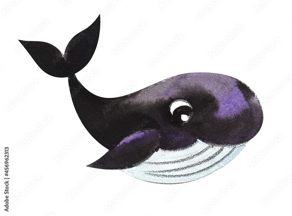 Fototapeta premium Decorative element. Little cartoon dark blue whale. Cute baby illustration postcard. Isolated on white background. Hand painted in watercolor.