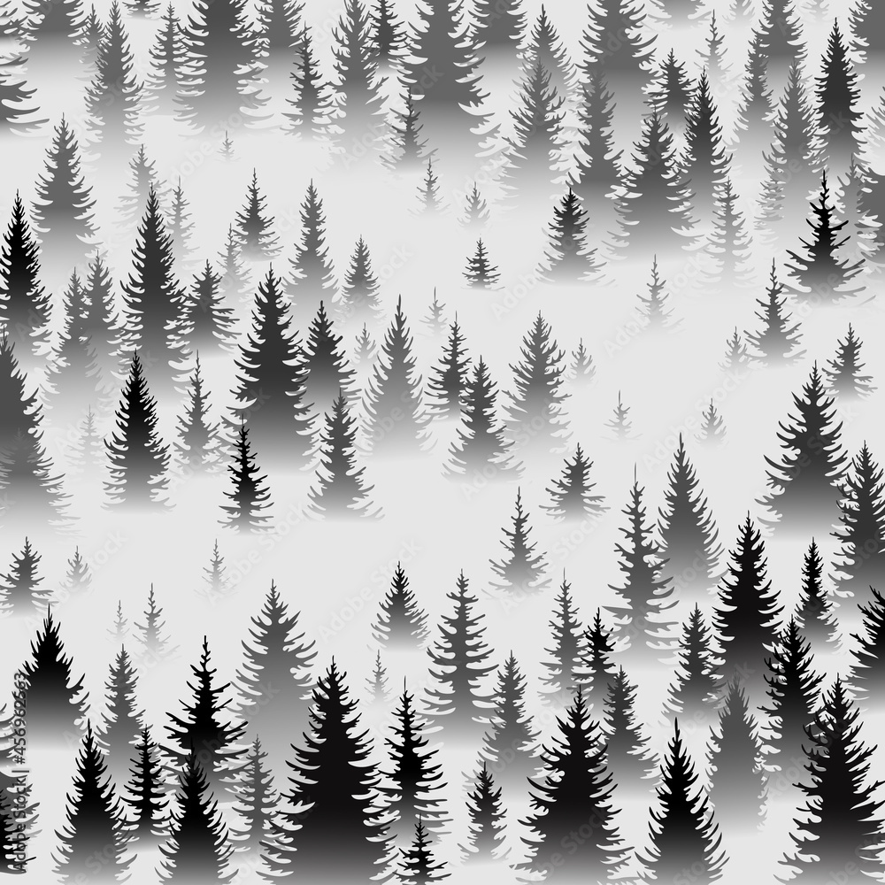 Fototapeta premium Fir forest in morning fog. Coniferous evergreen trees on square background. Postcard, poster advertising forest recreation, summer camp, tourism, print. Abstract vector illustration