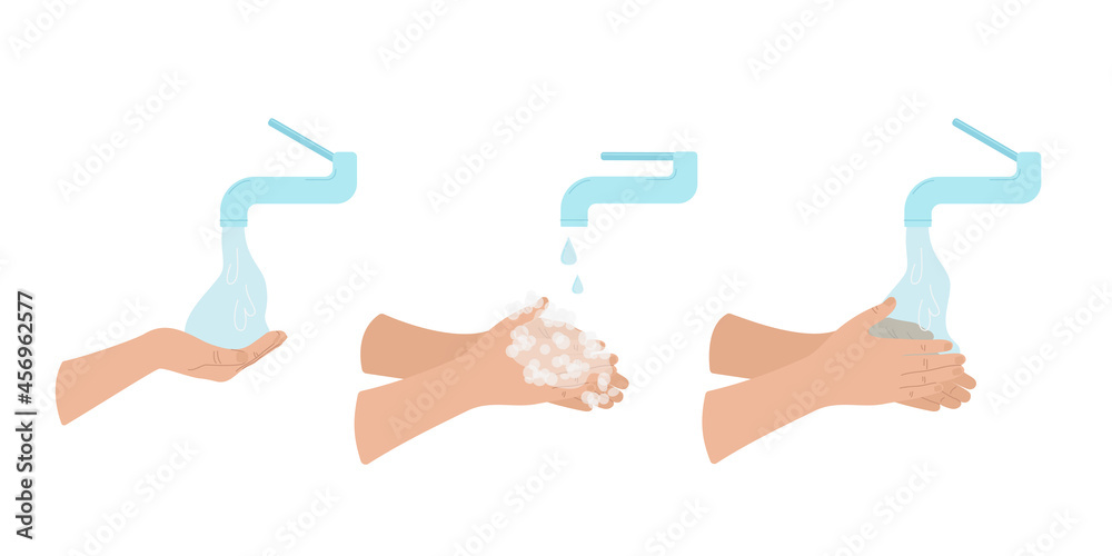 Steps of washing hands with soap and water from the tap. Hygiene ...