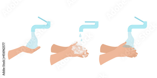 Steps of washing hands with soap and water from the tap. Hygiene procedures icons set. World handwashing day. Vector illustration in flat design isolated on white.