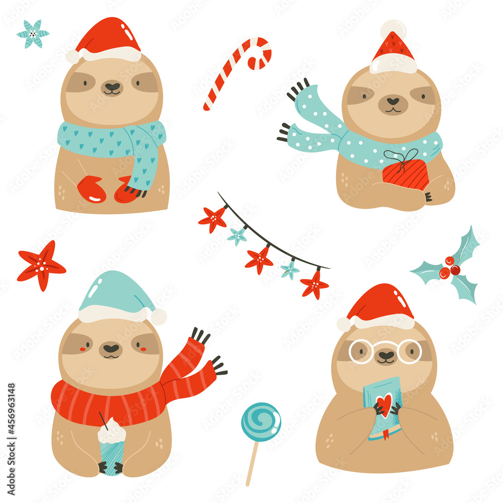 Fototapeta premium Funny collection of cute sloths in winter clothing