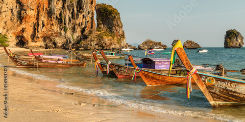 Longtail boats on Phra Nang beach, Railay Peninsula, Krabi Province photo