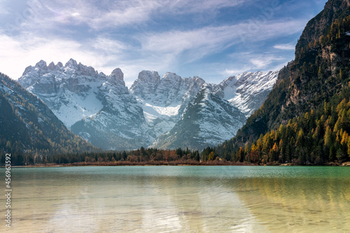 Peaks of Cristallo group view from the pristine Lake Landro, Dolomites, Dobbiaco, Bolzano province, South Tyrol photo