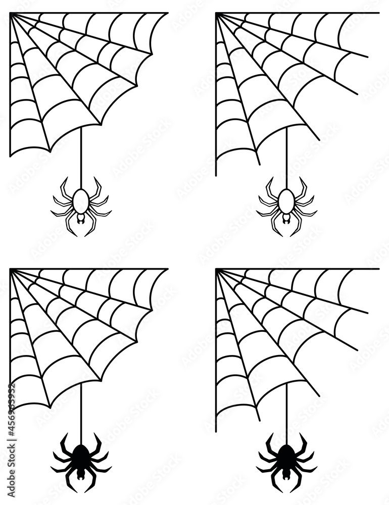 Corner Spiderweb with Spider - Outline and Silhouette Clipart Set Stock ...