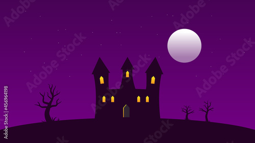 castle with lighting window on hills with trees and full moon and sparkling white star on dark sky. landscape cartoon scene with copy space for decoration