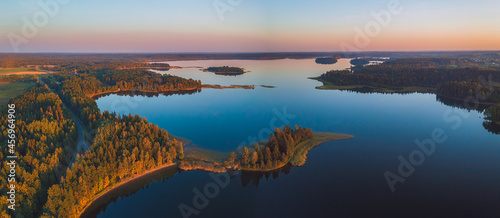 Aerial view of Plateliai lake, the biggest lake in Samogitia. It is the central attraction in the Zemaitija National Park. It has seven islands and one of them housed a castle.