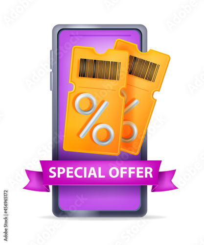 3D discount coupon vector illustration, voucher gift ticket, smartphone screen, special offer ribbon. Sale concept, loyalty program benefit, promotion marketing shopping badge. 3D coupon virtual bonus