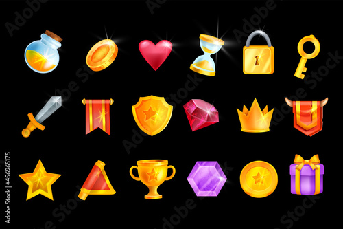 Game icon vector set, UI cartoon mobile app casino design element kit, golden coin, winner medal, shield. 2D fantasy objects, level up crown, magic gemstone, potion bottle. Trophy game icon assets