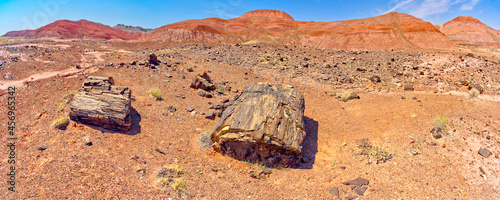 Hills of blood red bentonite clay below Kachina Point in Petrified Forest National Park, Arizona photo