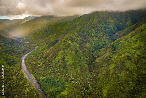 The mountainous Hanalei River Valley on Kauai's north shore photographed from above, Kauai, Hawaii photo