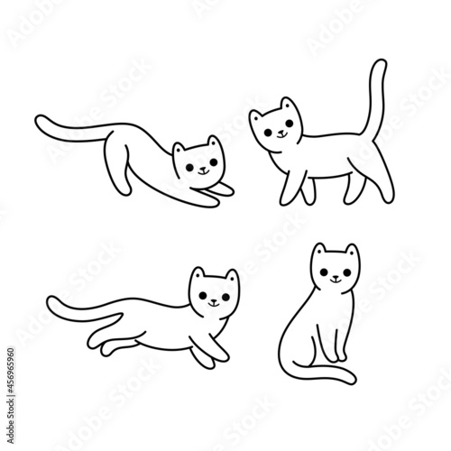 Cartoon cat icon set. Different poses of cat. Vector contour illustration for prints, clothing, packaging, stickers.