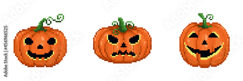 Pixel art classic pumpkin jack lantern set. Vector.