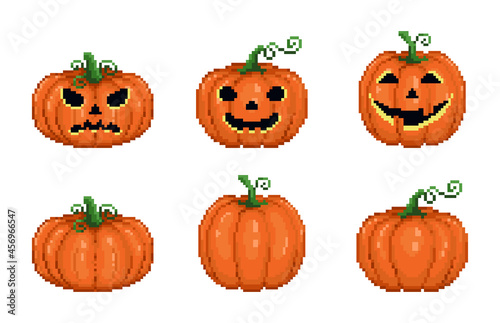 Pixel art classic pumpkin jack lanterns mega pack. Vector halloween pumpkins collection.