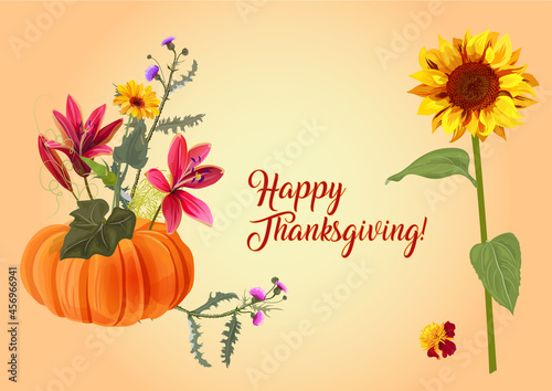 Horizontal Thanksgiving card. Pumpkin and autumn flowers: lily, sunflower, aster, thistle, gerbera, daisy, twigs on light background. Digital illustration in watercolor style for fall holidays, vector