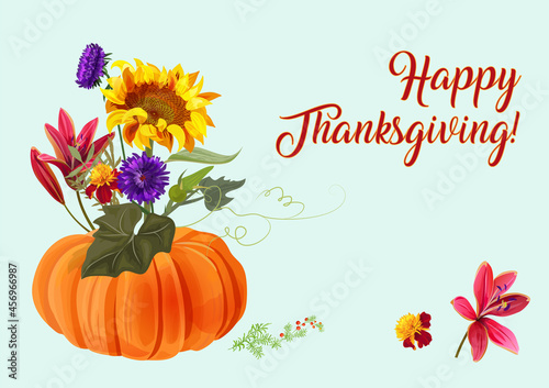 Horizontal Thanksgiving card. Pumpkin and autumn flowers: lily, sunflower, aster, thistle, gerbera, daisy, twigs on light background. Digital illustration in watercolor style for fall holidays, vector