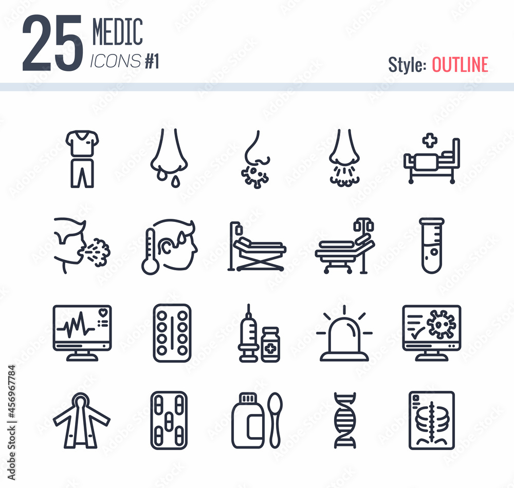 Fototapeta premium 25 Medic Icon Pack #1 style outline, Outline Lineal Medic Icon