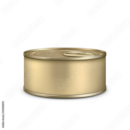 Blank Metallic Bottle For Canned Meat Pate Vector. Preserved Food Aluminum Golden Metal Tin Can Bottle. Container Package For Canning Natural Nutrition Template Realistic 3d Illustration