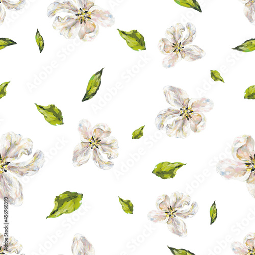 White delicate flowers with green leaves isolated on white background. Handwork draw. Seamless pattern for design.