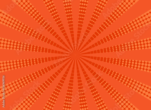Pop art background. Comic halftone texture. Orange cartoon starburst pattern. Vintage sunburst banner. Retro print. Funny superhero backdrop with beams and dots. Vector illustration.