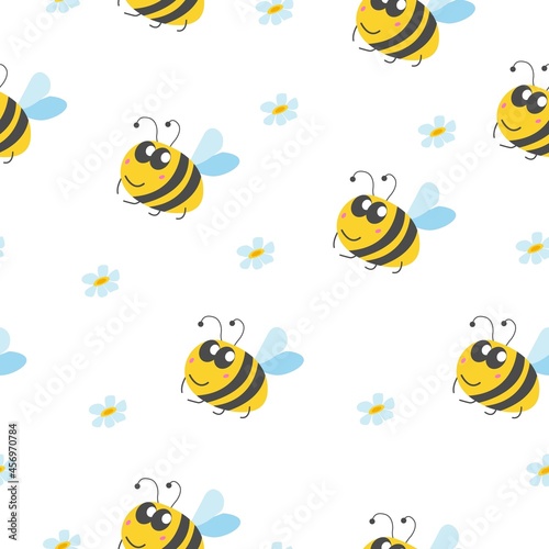 Seamless pattern with bumblebee, and chamomile flowers. White background. Yellow, grey, blue and pink. Cartoon style. Cute and funny. For kids post cards, wallpaper, textile, wrapping paper, print © Куприянова Ксения
