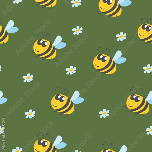 Seamless pattern with bumblebee, and chamomile flowers. Green background. Yellow, grey, blue and pink. Cartoon style. Cute and funny. For kids post cards, wallpaper, textile, wrapping paper, print © Куприянова Ксения