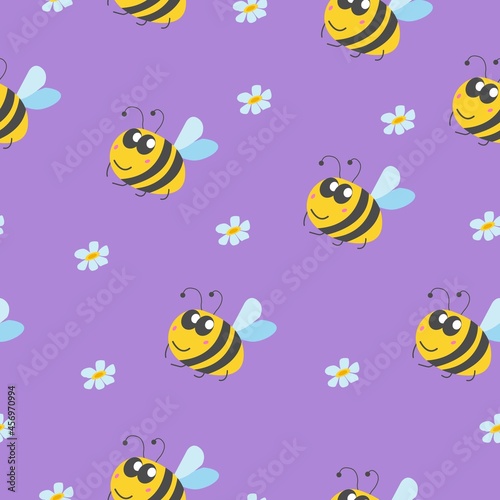 Seamless pattern with bumblebee  and chamomile flowers. Violet background. Yellow  grey  blue and pink. Cartoon style. Cute and funny. For kids post cards  wallpaper  textile  wrapping paper  print