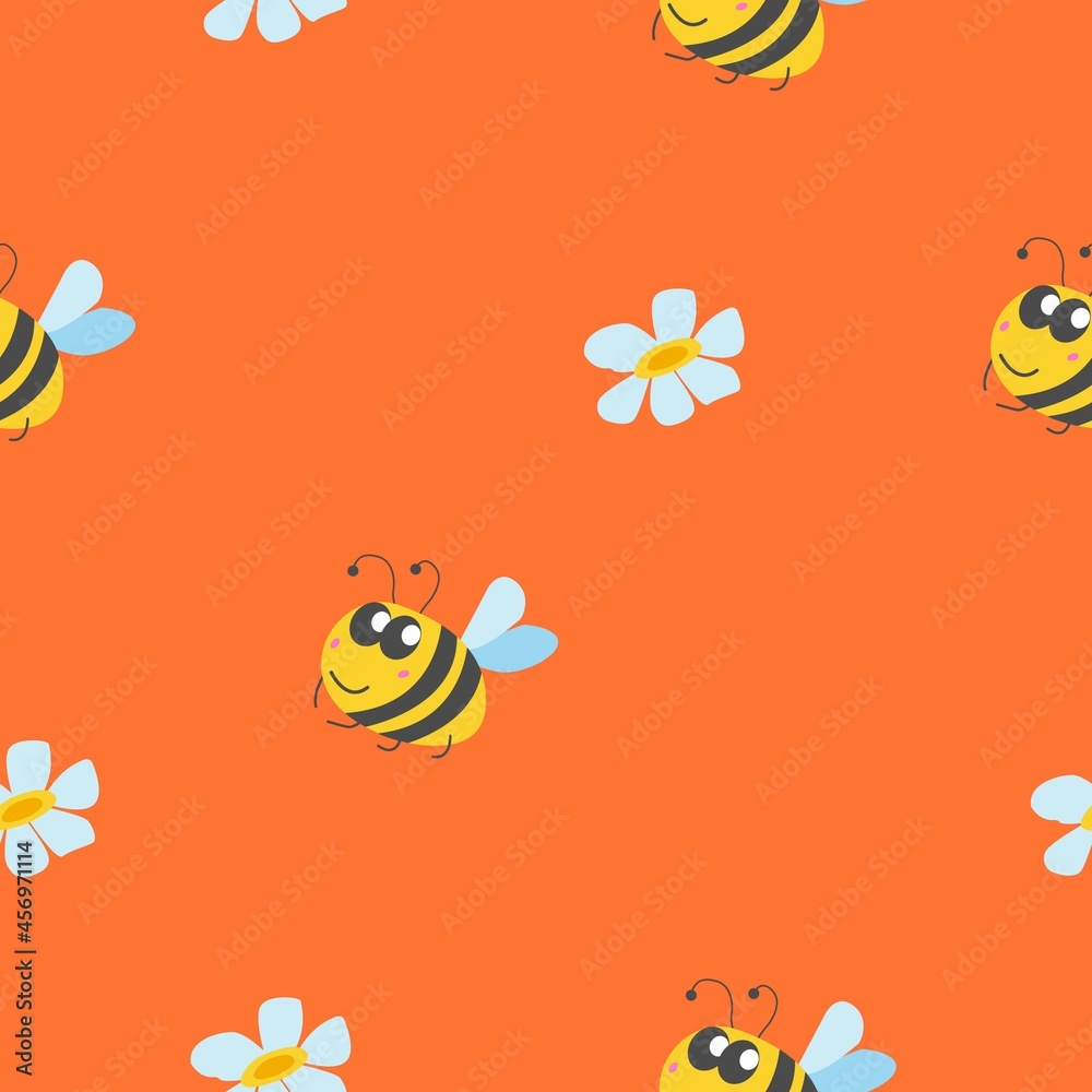 Seamless pattern with bumblebee, and chamomile flowers. Orange background. Yellow, grey, blue and pink. Cartoon style. Cute and funny. For kids post cards, wallpaper, textile, wrapping paper, print