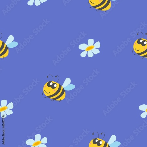 Seamless pattern with bumblebee  and chamomile flowers. Blue background. Yellow  grey  blue and pink. Cartoon style. Cute and funny. For kids post cards  wallpaper  textile  wrapping paper  print