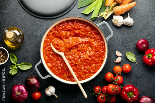 Tomato sauce culinary concept, top down view
