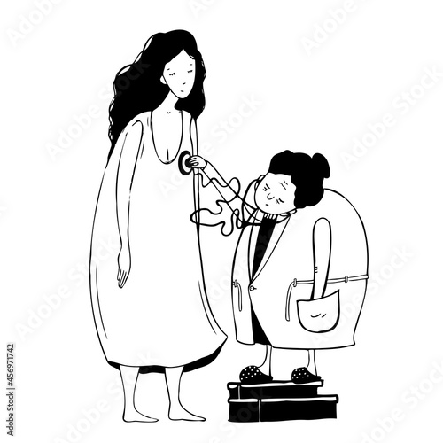 doctor treats the girl, hand drawn ink illustration, vector concept clipart with cartoon characters