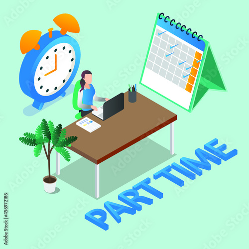 Part time 3d isometric vector illustration concept for banner, website, landing page, ads, flyer